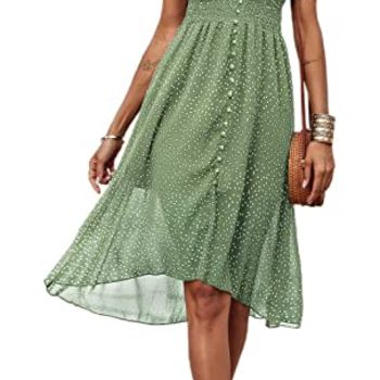 Women Summer Bohemian Floral Casual Wrap V Neck Beach Dress Shirred Waist A-Line Flare Midi Dresses Pleated Hem Swing Midi Dress (Light Green