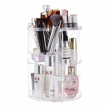 360 Rotating Makeup Organizer,DIY Adjustable Spinning Holder,Foldable Cosmetic Storage Display box,Large Capacity Make up Caddy Shelf,Fits Countertop Vanity and Bathroom (CLEAR)
