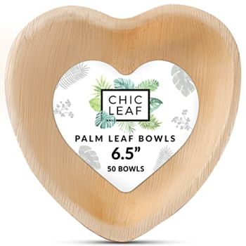 Palm Leaf Bowls Disposable Bamboo Heart Shaped Bowls 6.5 Inch Heart Dish (50 Heart Bowls)