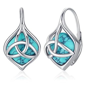 Celtic Knot Genuine Turquoise Leverback Earrings Sterling Silver Dangle Drop Jewelry for Women