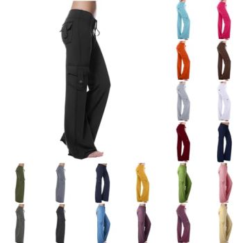 Green Cargo Pants Women High Waisted Solid Button Drawstring Flare Trousers Summer Stretchy Baggy Pants