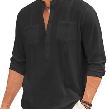 Men's Linen Henley Shirt Long Sleeve Casual Hippie Cotton Beach T Shirts Black