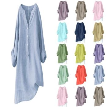 Blouses & Button-Down Shirts Women Cotton Linen Work Long Sleeve Oversized Boyfriend Tunic V Neck Dress Tops