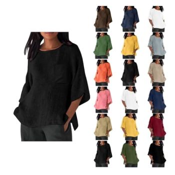 Womens Summer Tops 3/4 Sleeve Cotton Comfortable Elegant T Shirt Round Neck Lightweight Solid Color Everyday Tops