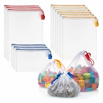 Vandoona Toy Storage & Organization Mesh Bags Set of 12 Eco Friendly Washable Mesh Bags & Color Coded Drawstrings by Size S