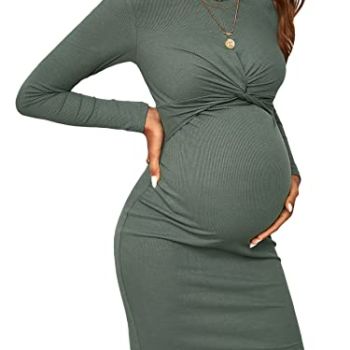 Women's Maternity Twist Front Long Sleeve Round Neck Bodycon Dress Dark Green L