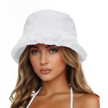 Fuzzy Bucket Hat for Women Winter Warm Furry Fur Fluffy Fisherman Cap Men Faux Fur Soft Cute Bucket Hat White One Size