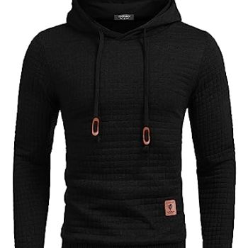 Men's Black Casual Hoodies Knitted Sweatshirt Hipster Gym Long Sleeve Solid Hooded Sweater Fashion Drawstring Pullover