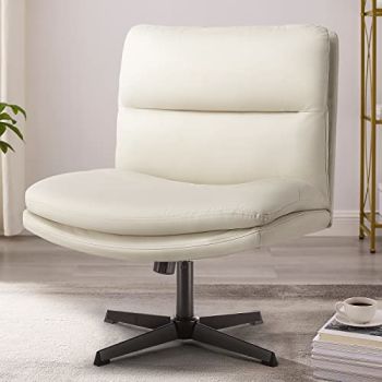 Criss Cross Legged Office Chair,Armless Office Desk Chair No Wheels,PU Leather Modern Swivel Vanity Chair,Height Adjustable Wide Seat Mid Back Computer Task Chair for Home Office(Beige)