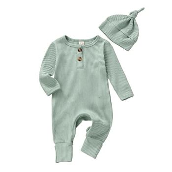 Infant Boys Girls Clothes Set Newborn Baby Romper Hat Ribbed Knit Long Sleeve Button Solid Bodysuit Jumpsuit (Blue