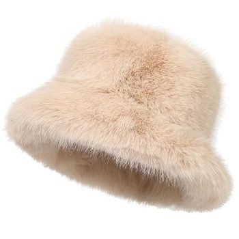 Women's Fuzzy Wide Brim Faux Fur Bucket Hat Winter Warmer Fisherman Cap(Beige)