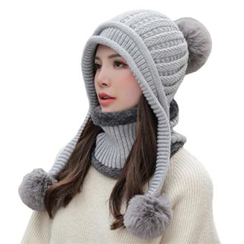 Women Winter Beanie Hat Circle Scarf Set Pompoms Peruvian Ski Snow Ear Flaps Sherpa Knit Hats Neck Warmer Set Skull Cap