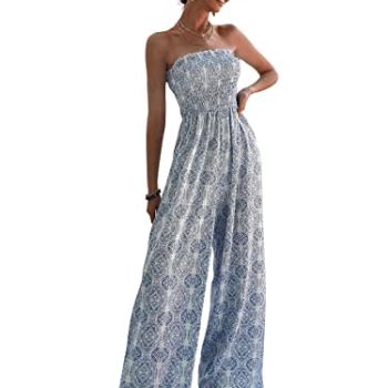 Women's Printed Sleeveless Tube Top Shirred Long Pants Jumpsuit Romper