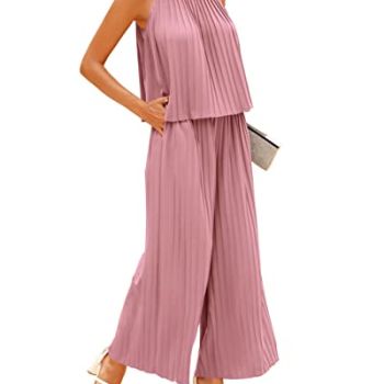 Women's 2 Piece Outfits 2023 Halter Neck Sleeveless Flowy Tie Back Top Long Wide Leg Pant Set Loose Pleated Suit(Solid Pink,Medium)