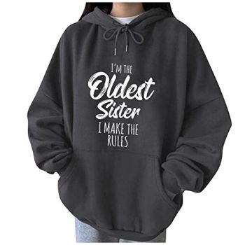 Hoodies for Women Fall Pullover Tops Funny Sayings Print Hooded Sweatshirts Front Pocketed Y2K Teen Girls Outfits Gray