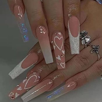 French Press on Nails Coffin Long Fake Heart Nails Design Acrylic Full Cover Artificial Bling False Nails for Women and Girls 24PCS