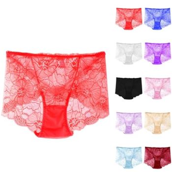 Breathable Underwear For Women Summer 2024 Women's Lace Underwear Briefs Solid Color Mid-waist Underpants Sexy Thin Mesh Breathable Classic Panties Underclothes A-616 Red X-Large