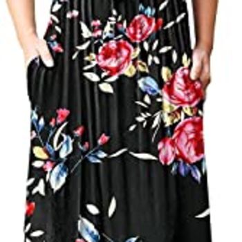 Women's Casual Loose Long Pockets Print Floral Pleated Dress Sleeveless Maxi Dresses for Women Rose Black M