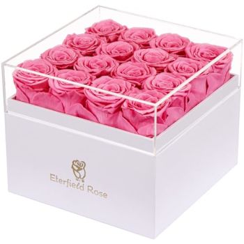 Forever Flowers Preserved Flowers for Delivery Prime 16-Piece Pink Roses That Last a Year for Mom Gifts for Her Valentines Day (Square White Box)