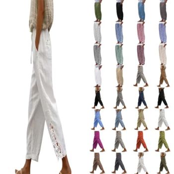 Linen Pants Women Summer Cropped Wide Leg Pants Capris Women Ladies Casual Loose Palazzo Pant Work Elastic Pocket