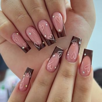 24Pcs Valentine's Day Coffee Press on Nails Long Square Fake Nails
