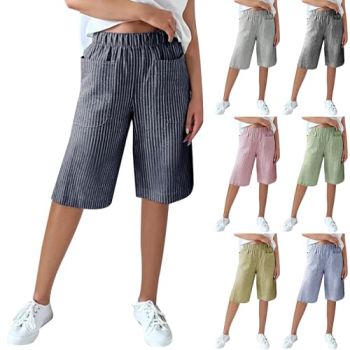 2024 Linen Striped Shorts for Women Summer Elastic High Waist Wide Leg Casual Knee Length Gym Comfy Ladies Shorts