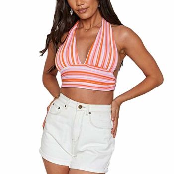 Womens Y2K Knit Crop Top Sexy Halter Top Deep V-Neck Backless Sleeveless Stripes Cami Tank Top(Pink,M)