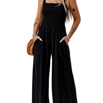 Womens Overalls Black Jumpsuits for Women Casual Loose Fit Solid Color Wide Leg One Piece Sleeveless Jumpsuit Long Pant Rompers