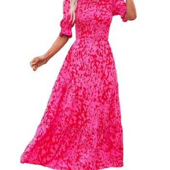 Women Casual Summer Dresses 2024 Spring Crew Neck Ruffle Short Sleeve Floral Print Smocked Boho Flowy Maxi Dress(Print Rose Red