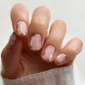 Square Press on Nails Short Cute Flower Fake Nails Pink Acrylic Nails