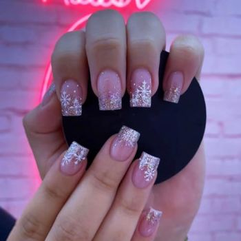 Christmas Square Press on Nails Short Fake Nails White Snowflake False Nails