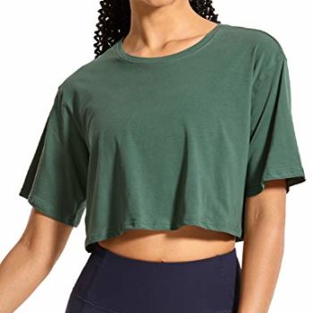 Women's Pima Cotton Workout Crop Tops Short Sleeve Yoga Shirts Casual Athletic Running T-Shirts Graphite Green Medium