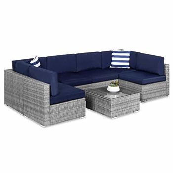 7-Piece Modular Outdoor Sectional Wicker Patio Furniture Conversation Sofa Set w/ 6 Chairs