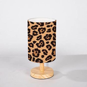 Minimalist Bedside Table Lamp Chic Seamless Pattern Animal Print Leopard Texture Solid Wood Nightstand Lamp Bedside Desk Lamp Wood Base Flaxen Fabric Shade for Bedroom Living Room