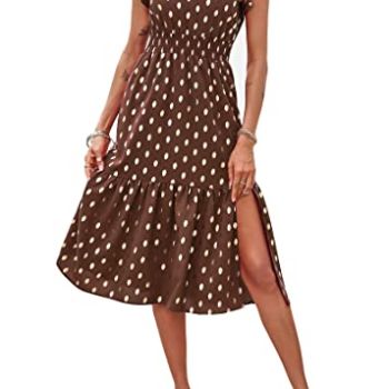 Women Summer Polka Dot Ruffle Sleeveless V Neck Flowy Midi Dress Elegant Split A Line Beach Party Cocktail Dresses(Dot-Coffee