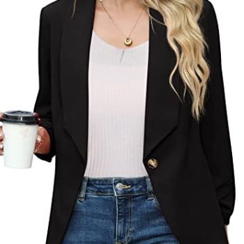 Blazer Jacket for Women 3/4 Ruched Sleeve Business Casual Outfits Open Front Cropped Blazer Black-8
