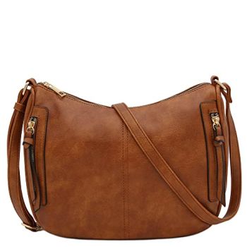Faux Leather Two Front Zipper Pocket Crossbody Saddle Bag (Brown)