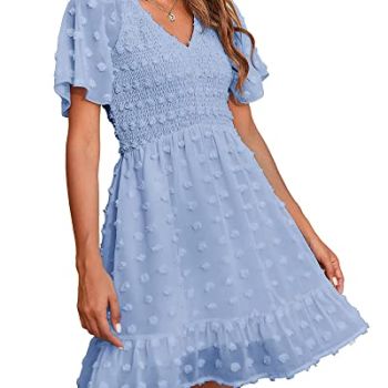 Women's Casual Smocked Dress Summer Clothes V Neck Short Sleeve Swiss Dot Swing Flowy Ruffle Mini Beach Dresses(Swiss Dot Blue