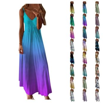 Boho Sundresses for Women Casual Beach Casual Loose Sleeveless Spaghetti Strap V Neck Floral Maxi Coverups Dress