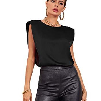Women's Satin Shirts Casual Sleeveless Shoulder Pad Tee Top Blouse