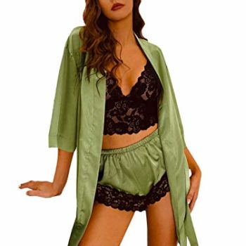 Women's Sleepwear 4pcs Floral Lace Trim Satin Cami Pajama Set