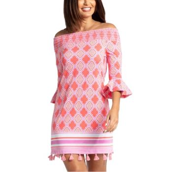 Off The Shoulder Dress, Coral Geo, XS