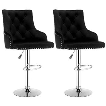 Bar Stool Set of 2 Velvet Adjustable
