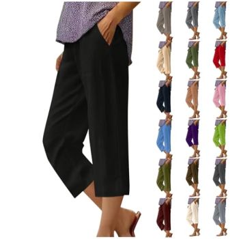 my orders previous orders placed by me in 2024 Capri Linen Pants for Women 2024 Summer Elastic Waist Work Pants Casual Plus Size Beach Cropped Trousers