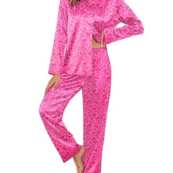 Women's Hot Pink Leopard Pajama Sets Satin Silk Long Sleeve Housewear 2-Piece Pj Set Sleepwear