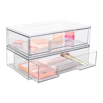 12''W Clear Stackable Storage Drawers,2 Pack Acrylic Plastic Organizers Bins for Makeup Palettes