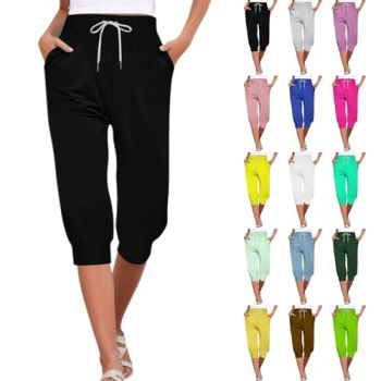 Capri Pants for Women Stretch Waist Drawstring Sweatpant Casual Summer Cropped Pants Workout Yoga Tapered Joggers