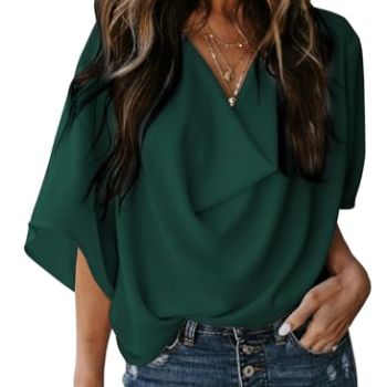 Blouse for Women 3/4 Sleeve Spring Summer Tops for Women Sexy Casual V Neck Floral Print Ladies Wrap Draped Front Chiffon Shirts for Women 2024 Business Casual Outfits for Women,Green,Medium