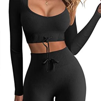 Workout Sets for Women 2 Piece Seamless Long Sleeve Crop Tops Ribbed High Waist Leggings