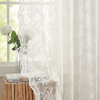 Sheer Lace Curtains for Bedroom Ivory Elegant Victorian Curtains Scalloped Edges Floral Kitchen Window Curtains 63 Inch Length Rod Pocket
